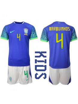 Brasilien Marquinhos #4 Auswärts Trikotsatz für Kinder WM 2022 Kurzarm (+ Kurze Hosen)